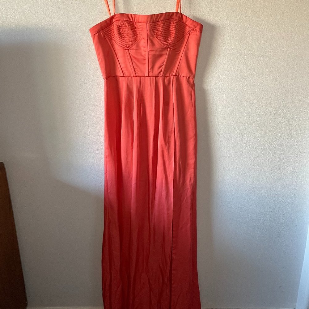 Size 12 BCBGMaxAzria Pink Coral Strapless Fitted Bustier Slit Dress